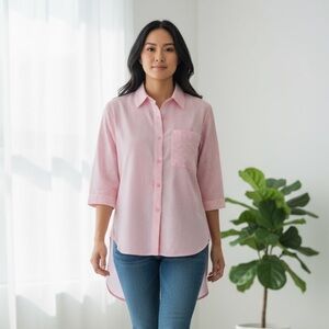 Pink Striped Button Down Shirt Size Small • High Low Hem • Casual Everyday Top